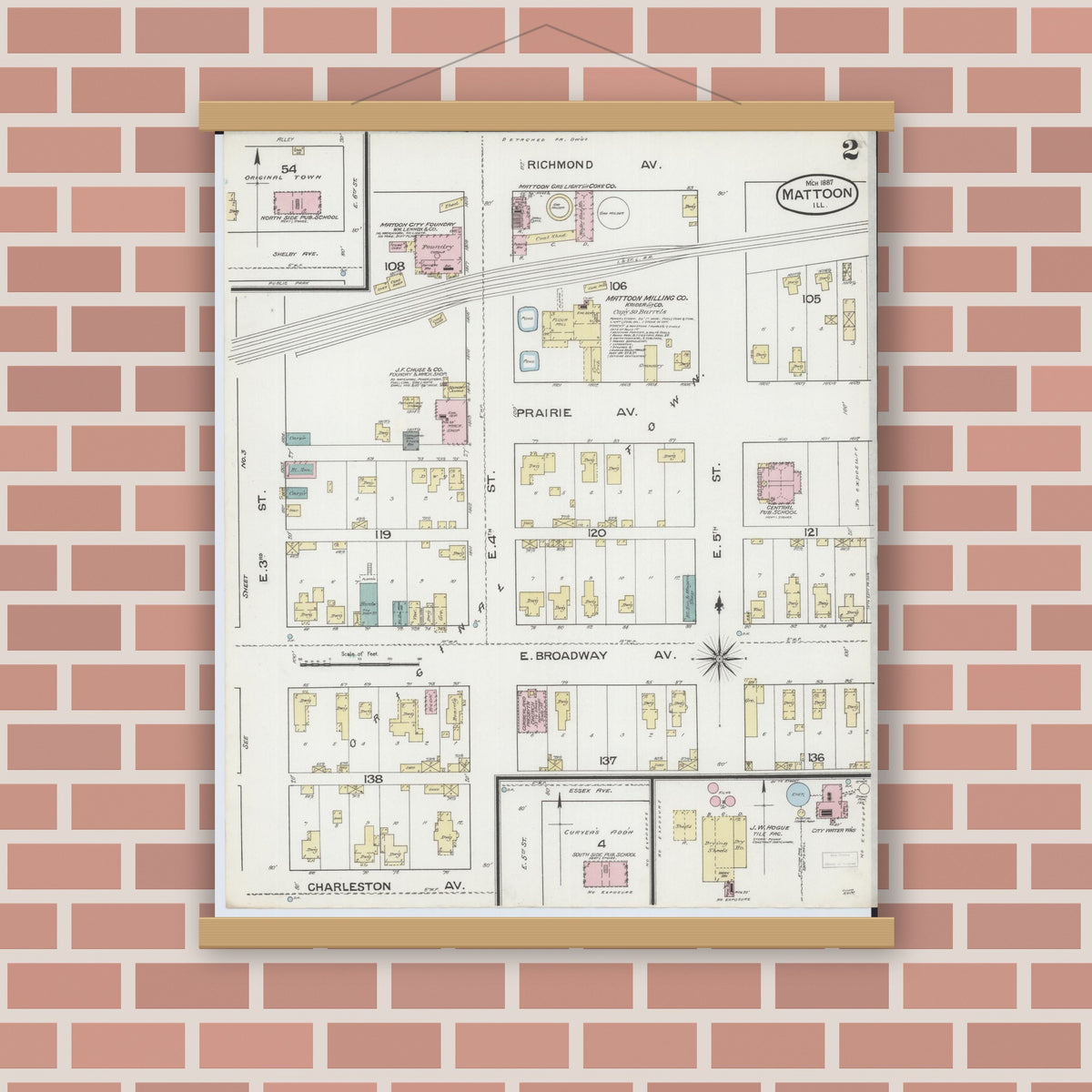 Old map wall art mockup — magnetic wood frame on brick wall — Sanborn Fire Insurance Map from Mattoon, Coles County, Illinois (1887), Sheet #0002