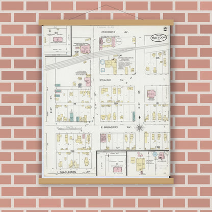 Old map wall art mockup — magnetic wood frame on brick wall — Sanborn Fire Insurance Map from Mattoon, Coles County, Illinois (1887), Sheet #0002