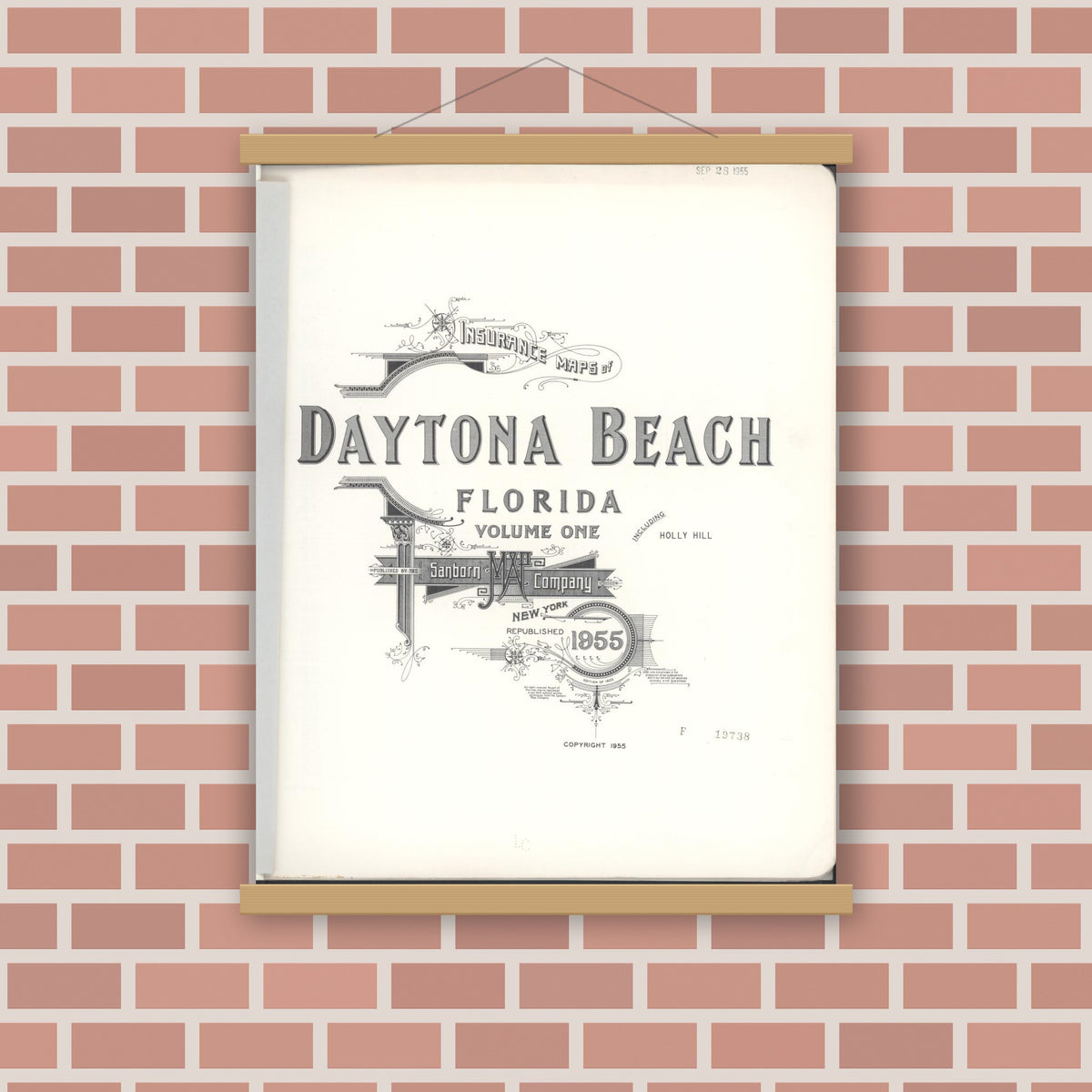 Old map wall art mockup — magnetic wood frame on brick wall — Sanborn Fire Insurance Map from Daytona, Volusia County, Florida (1955), Sheet #0001