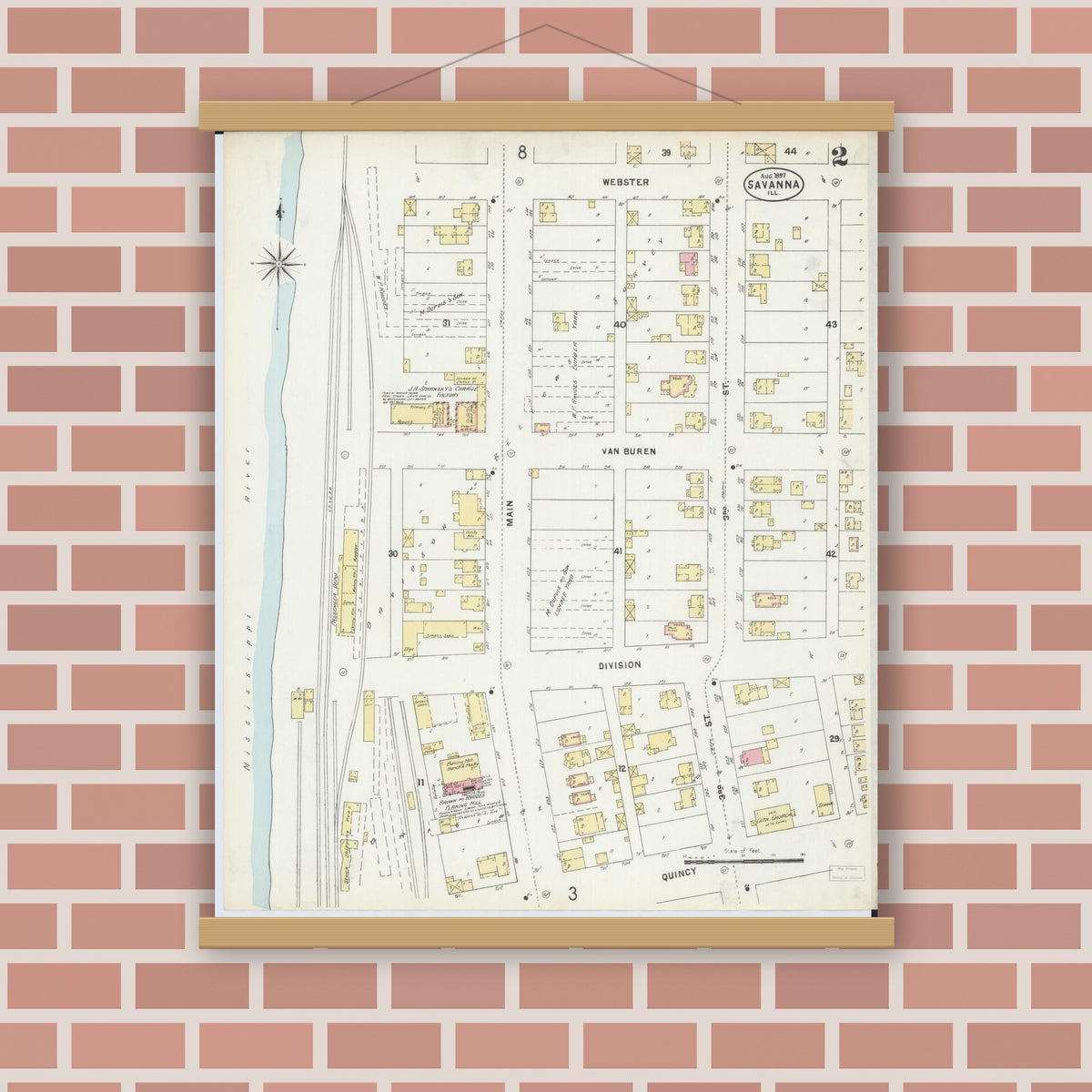 Old map wall art mockup — magnetic wood frame on brick wall — Sanborn Fire Insurance Map from Savanna, Carroll County, Illinois (1897), Sheet #0002