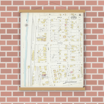 Old map wall art mockup — magnetic wood frame on brick wall — Sanborn Fire Insurance Map from Savanna, Carroll County, Illinois (1897), Sheet #0002