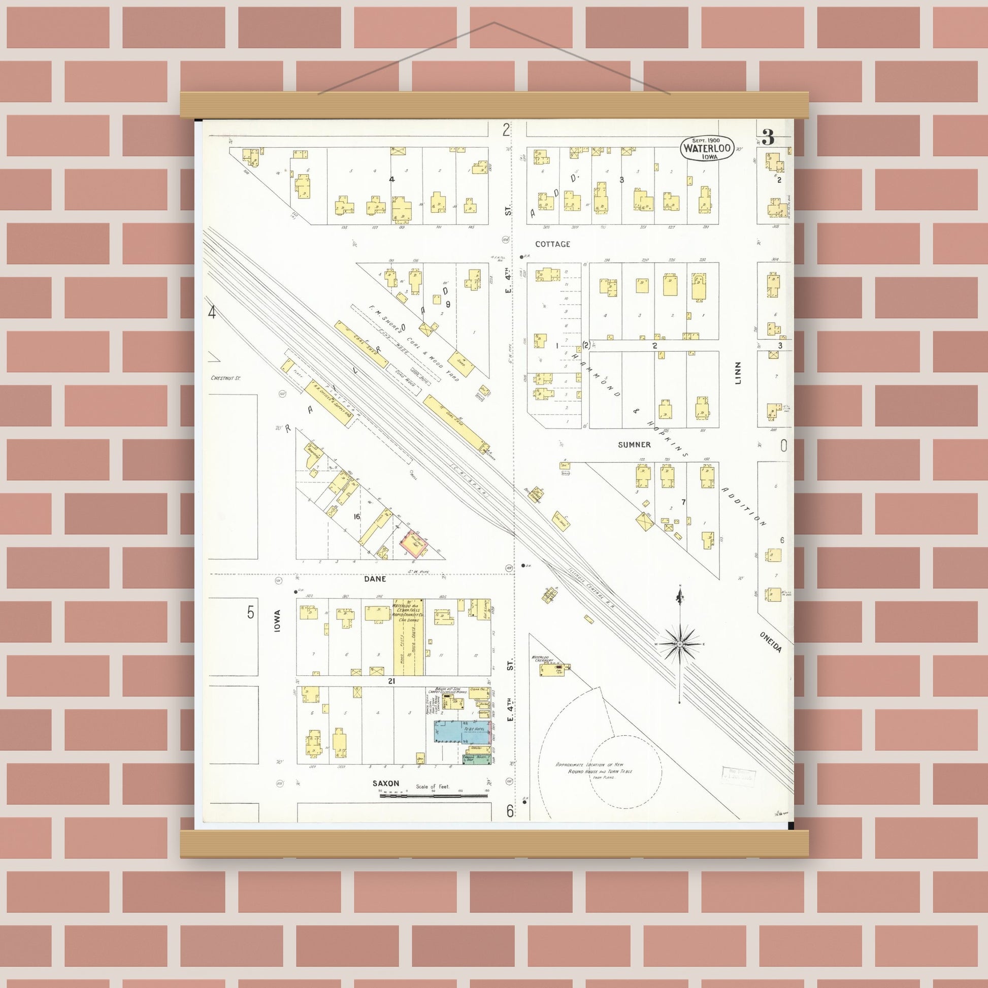 Old map wall art mockup — magnetic wood frame on brick wall — Sanborn Fire Insurance Map from Waterloo, Black Hawk County, Iowa (1900), Sheet #0003