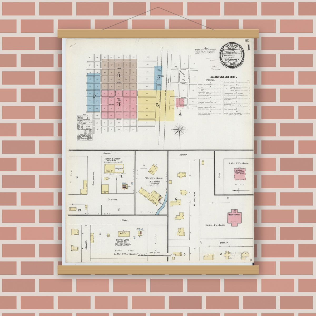 Old map wall art mockup — magnetic wood frame on brick wall — Sanborn Fire Insurance Map from McKinney, Collin County, Texas (1892) - Complete Map Set