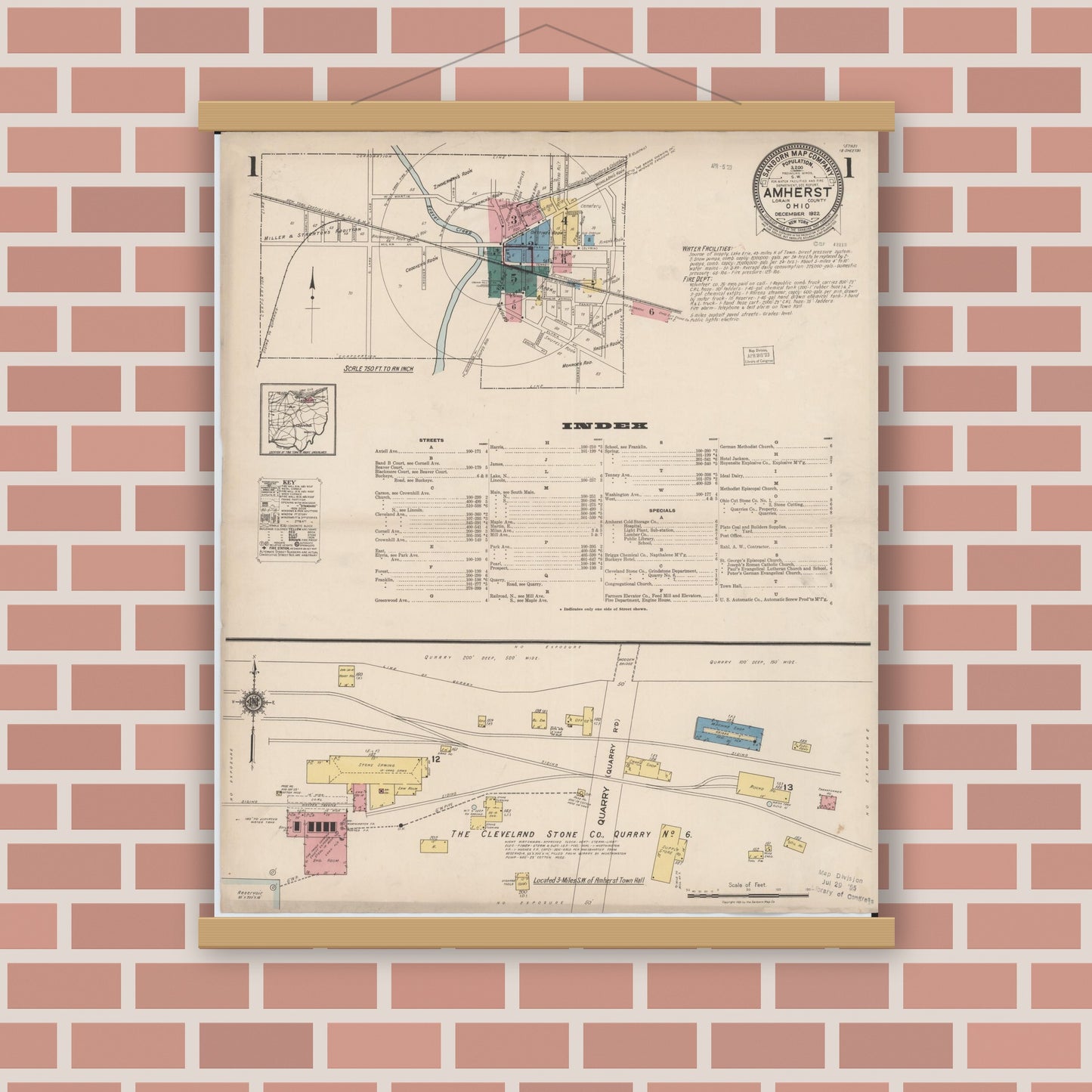 Old map wall art mockup — magnetic wood frame on brick wall — Sanborn Fire Insurance Map from Amherst, Lorain County, Ohio (1922) - Complete Map Set