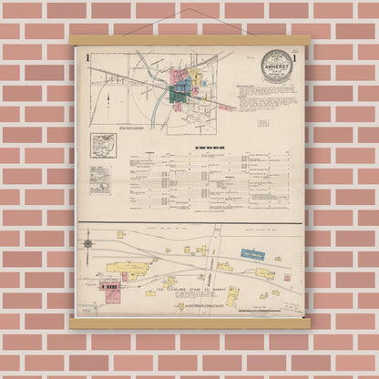 Old map wall art mockup — magnetic wood frame on brick wall — Sanborn Fire Insurance Map from Amherst, Lorain County, Ohio (1922) - Complete Map Set