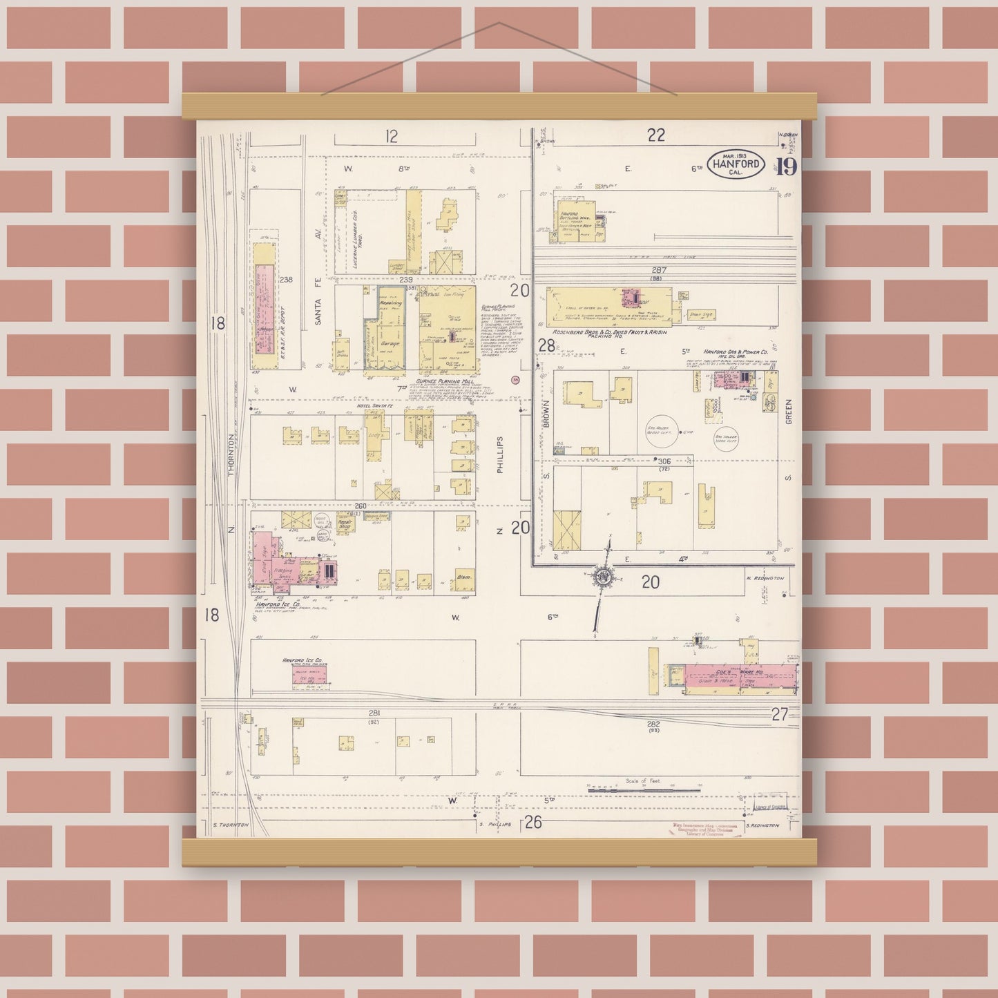 Old map wall art mockup — magnetic wood frame on brick wall — Sanborn Fire Insurance Map from Hanford, Kings County, California (1913), Sheet #0019