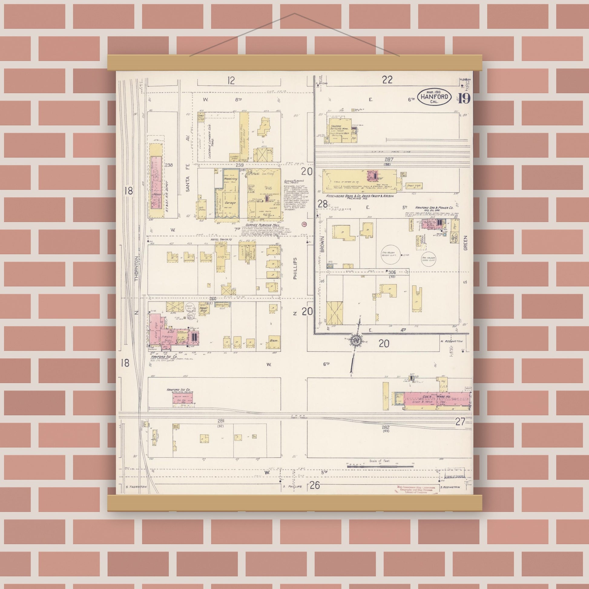 Old map wall art mockup — magnetic wood frame on brick wall — Sanborn Fire Insurance Map from Hanford, Kings County, California (1913), Sheet #0019