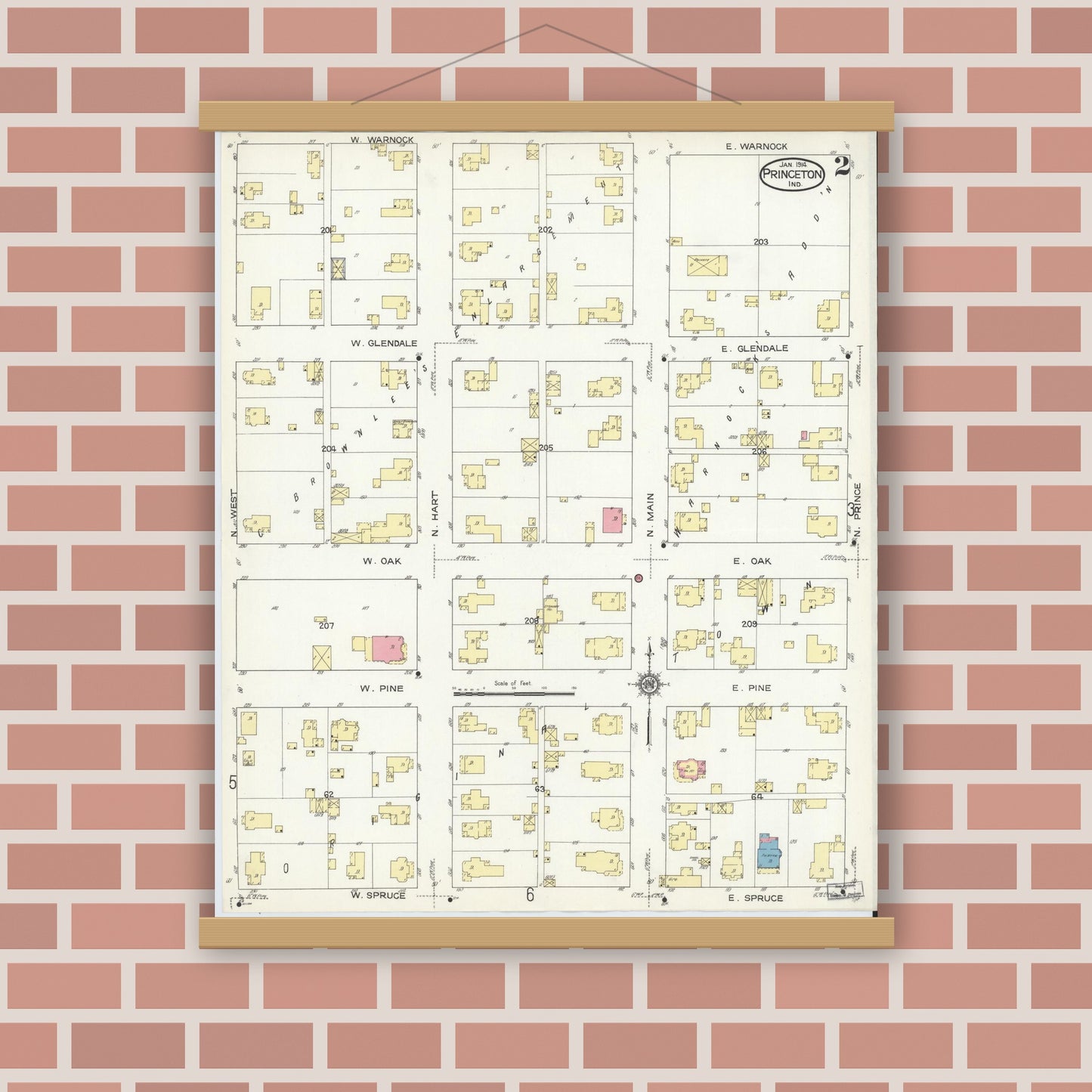 Old map wall art mockup — magnetic wood frame on brick wall — Sanborn Fire Insurance Map from Princeton, Gibson County, Indiana (1914), Sheet #0002