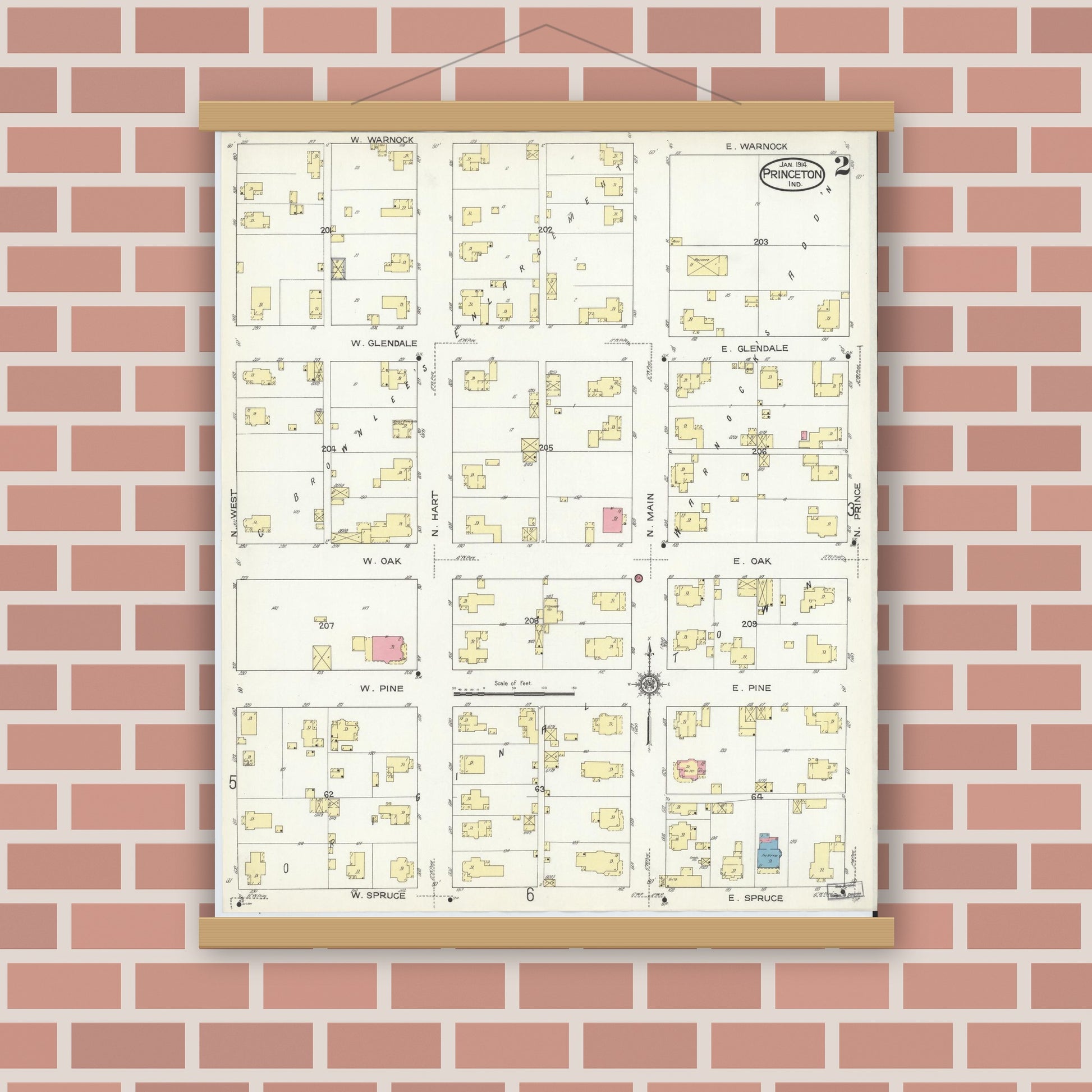 Old map wall art mockup — magnetic wood frame on brick wall — Sanborn Fire Insurance Map from Princeton, Gibson County, Indiana (1914), Sheet #0002