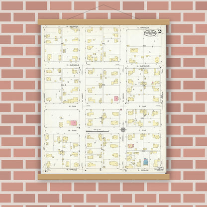 Old map wall art mockup — magnetic wood frame on brick wall — Sanborn Fire Insurance Map from Princeton, Gibson County, Indiana (1914), Sheet #0002