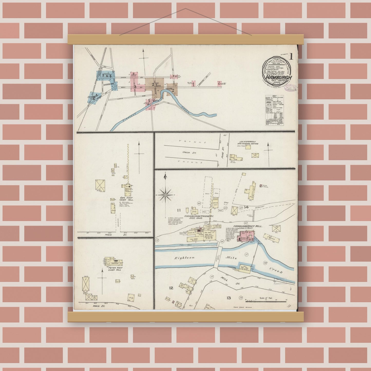Old map wall art mockup — magnetic wood frame on brick wall — Sanborn Fire Insurance Map from Hamburg, Erie County, New York (1885), Sheet #0001