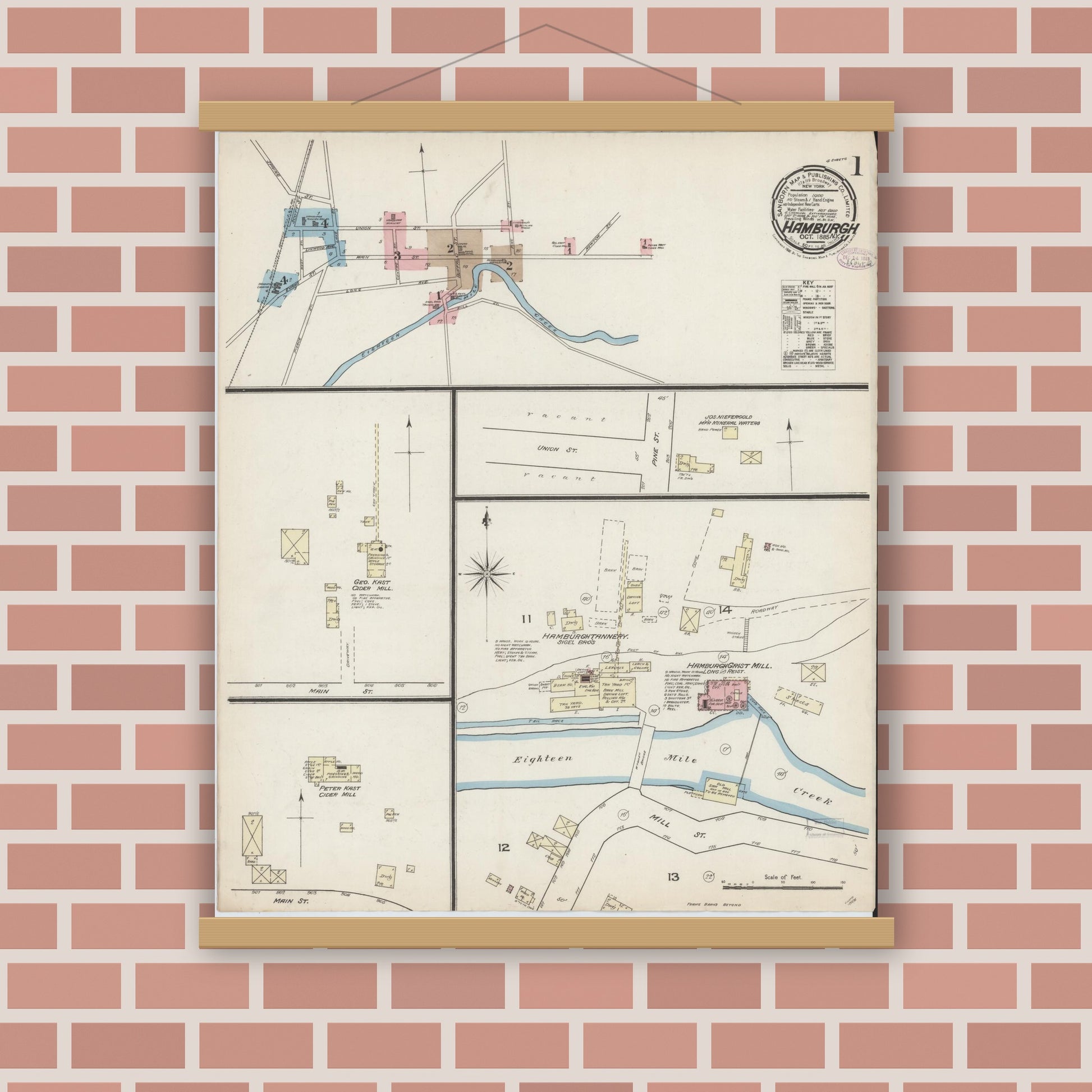 Old map wall art mockup — magnetic wood frame on brick wall — Sanborn Fire Insurance Map from Hamburg, Erie County, New York (1885), Sheet #0001