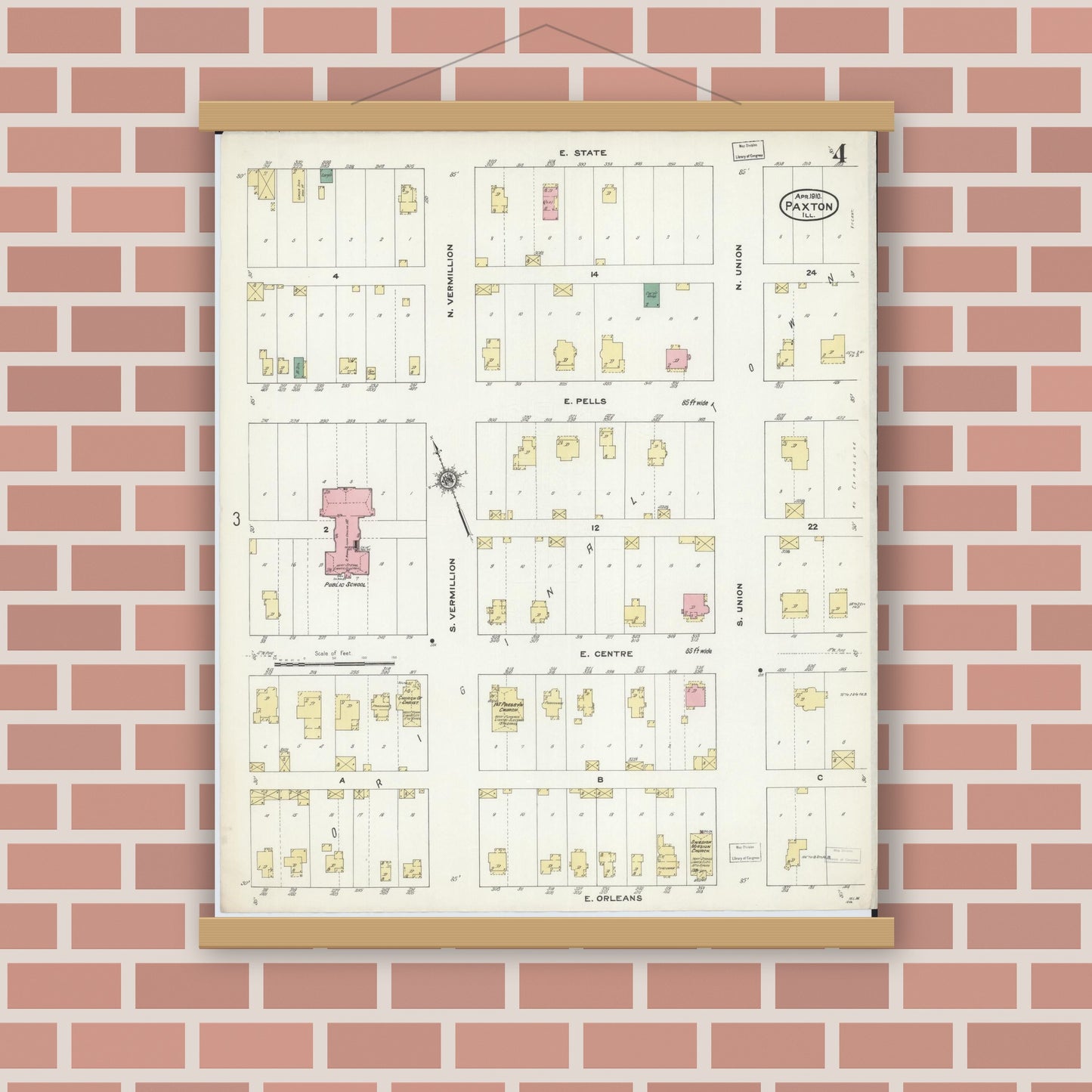Old map wall art mockup — magnetic wood frame on brick wall — Sanborn Fire Insurance Map from Paxton, Ford County, Illinois (1910), Sheet #0004