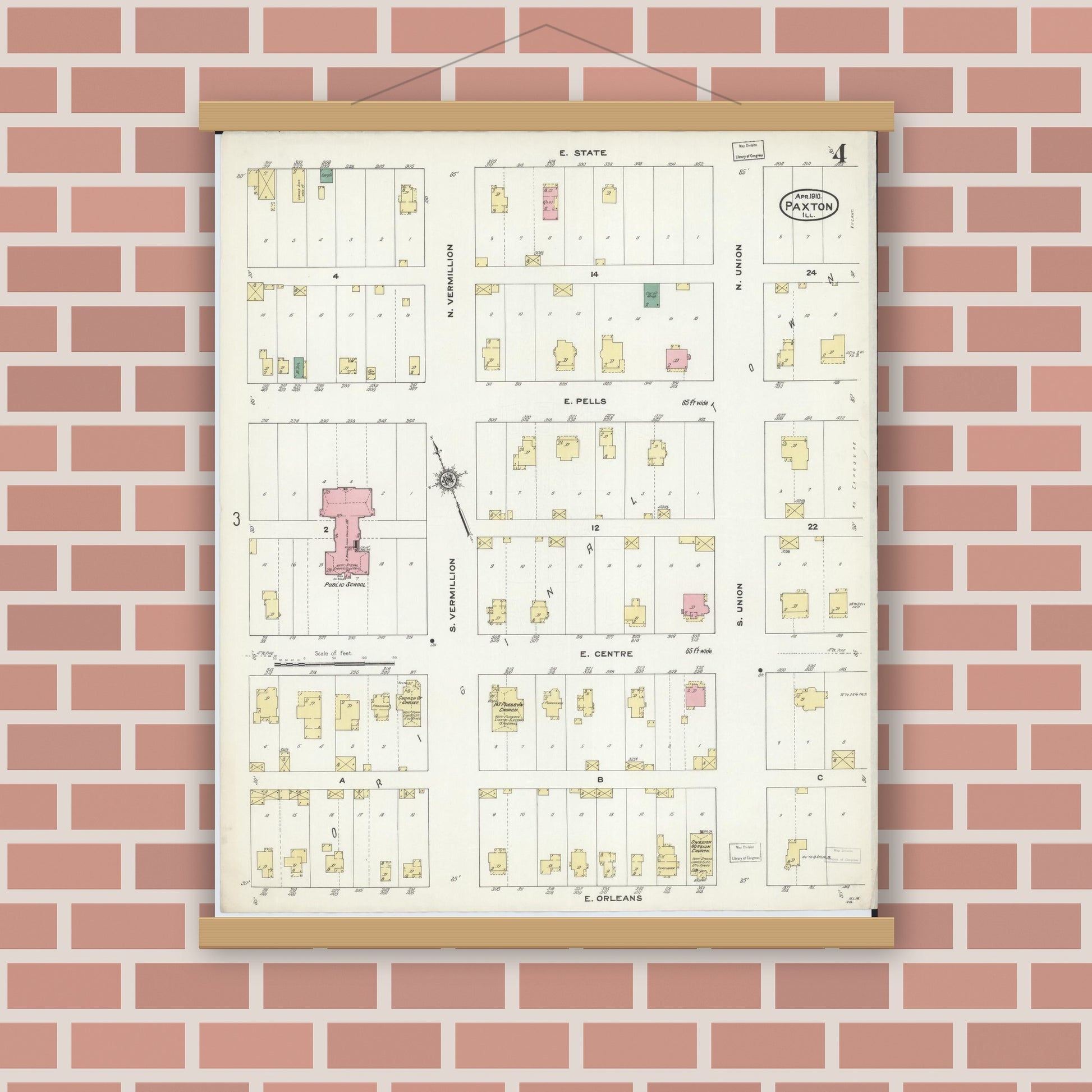 Old map wall art mockup — magnetic wood frame on brick wall — Sanborn Fire Insurance Map from Paxton, Ford County, Illinois (1910), Sheet #0004