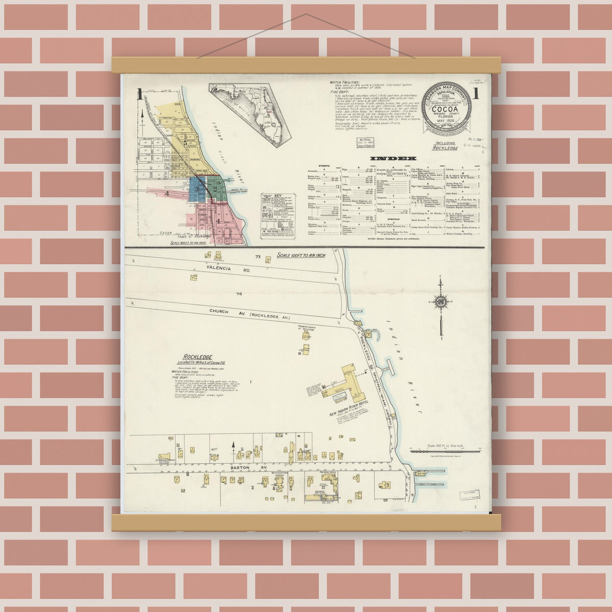 Old map wall art mockup — magnetic wood frame on brick wall — Sanborn Fire Insurance Map from Cocoa, Brevard County, Florida (1924), Sheet #0001