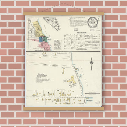 Old map wall art mockup — magnetic wood frame on brick wall — Sanborn Fire Insurance Map from Cocoa, Brevard County, Florida (1924), Sheet #0001