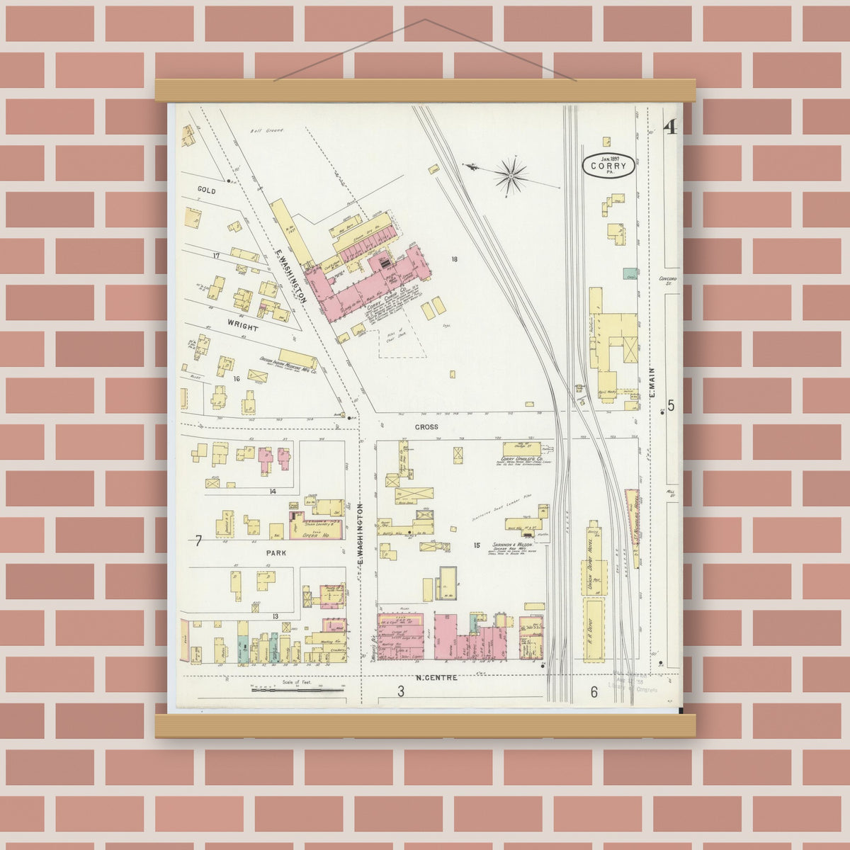 Old map wall art mockup — magnetic wood frame on brick wall — Sanborn Fire Insurance Map from Corry, Erie County, Pennsylvania (1897), Sheet #0004