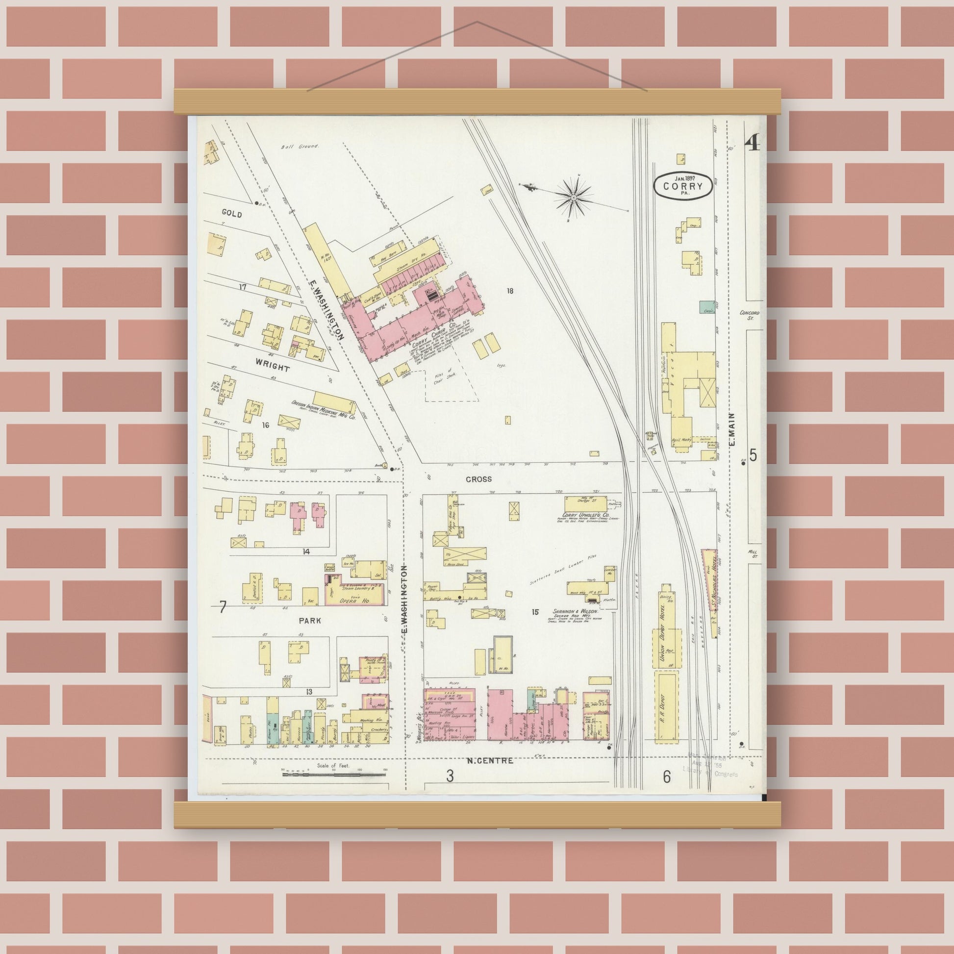 Old map wall art mockup — magnetic wood frame on brick wall — Sanborn Fire Insurance Map from Corry, Erie County, Pennsylvania (1897), Sheet #0004