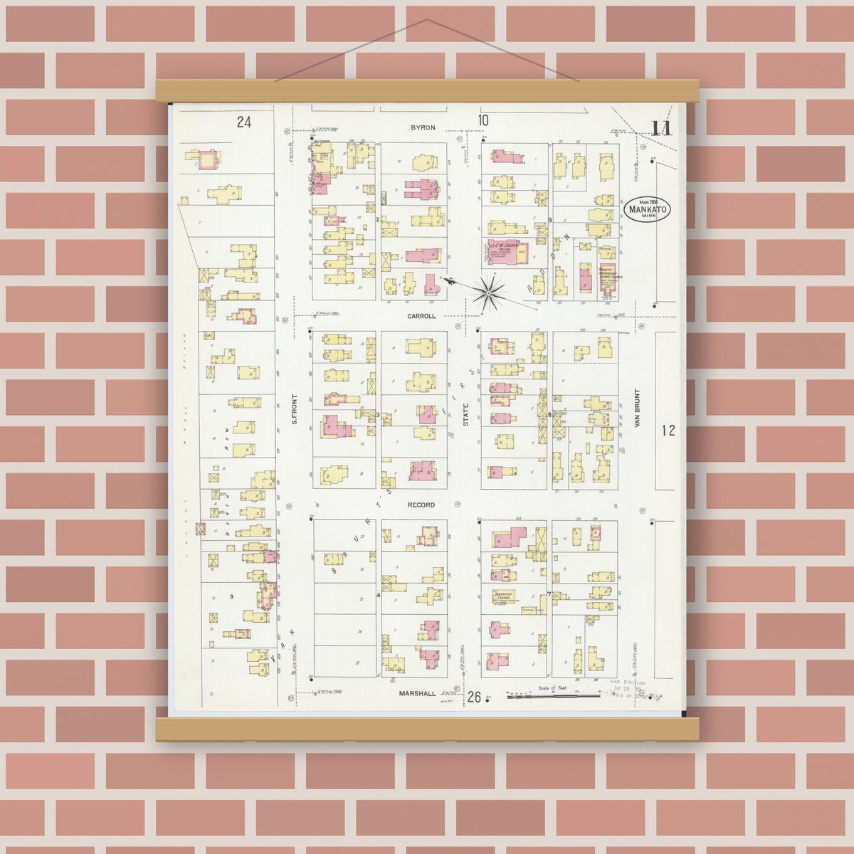 Old map wall art mockup — magnetic wood frame on brick wall — Sanborn Fire Insurance Map from Mankato, Blue Earth County, Minnesota (1908), Sheet #0011