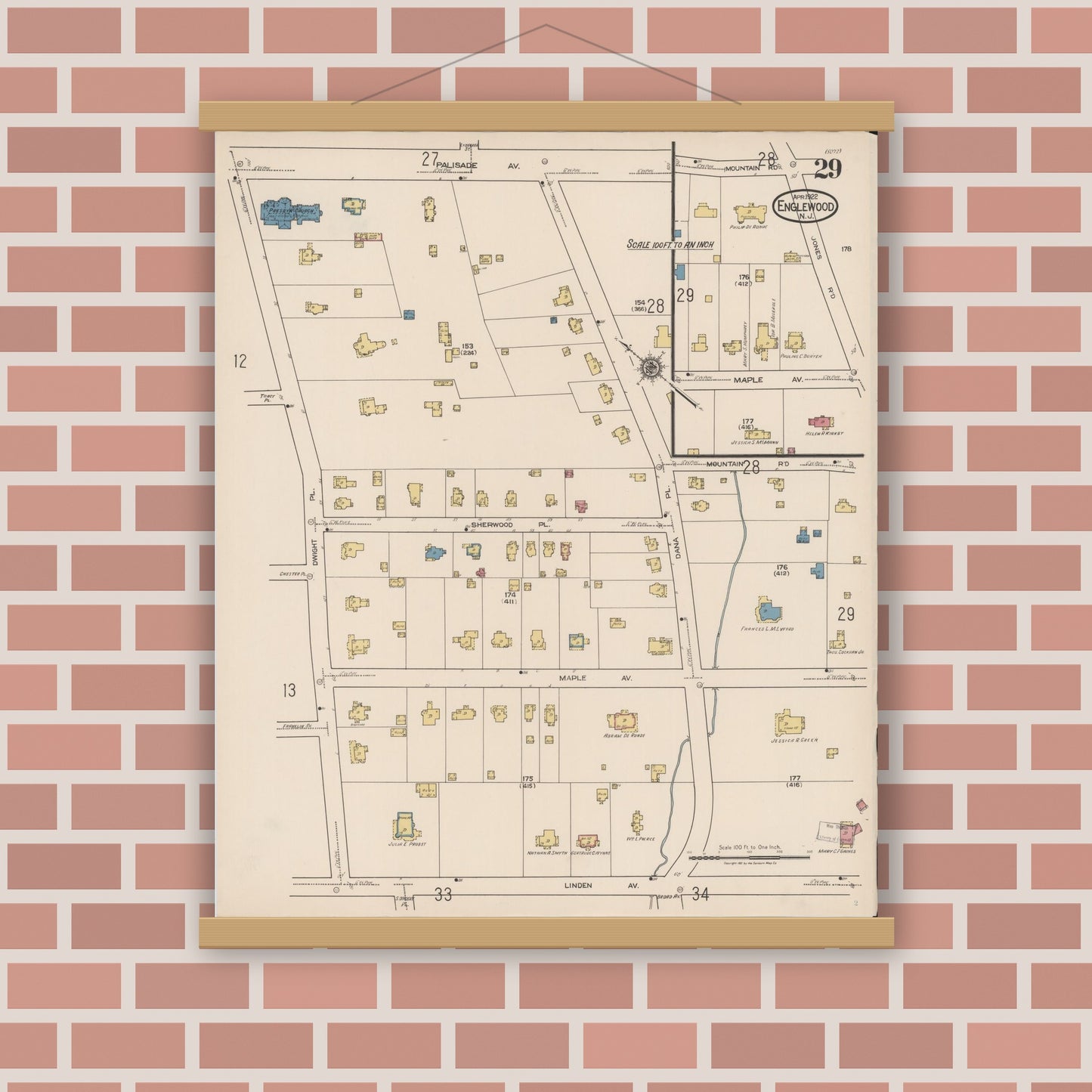 Old map wall art mockup — magnetic wood frame on brick wall — Sanborn Fire Insurance Map from Englewood, Bergen County, New Jersey (1922), Sheet #0029