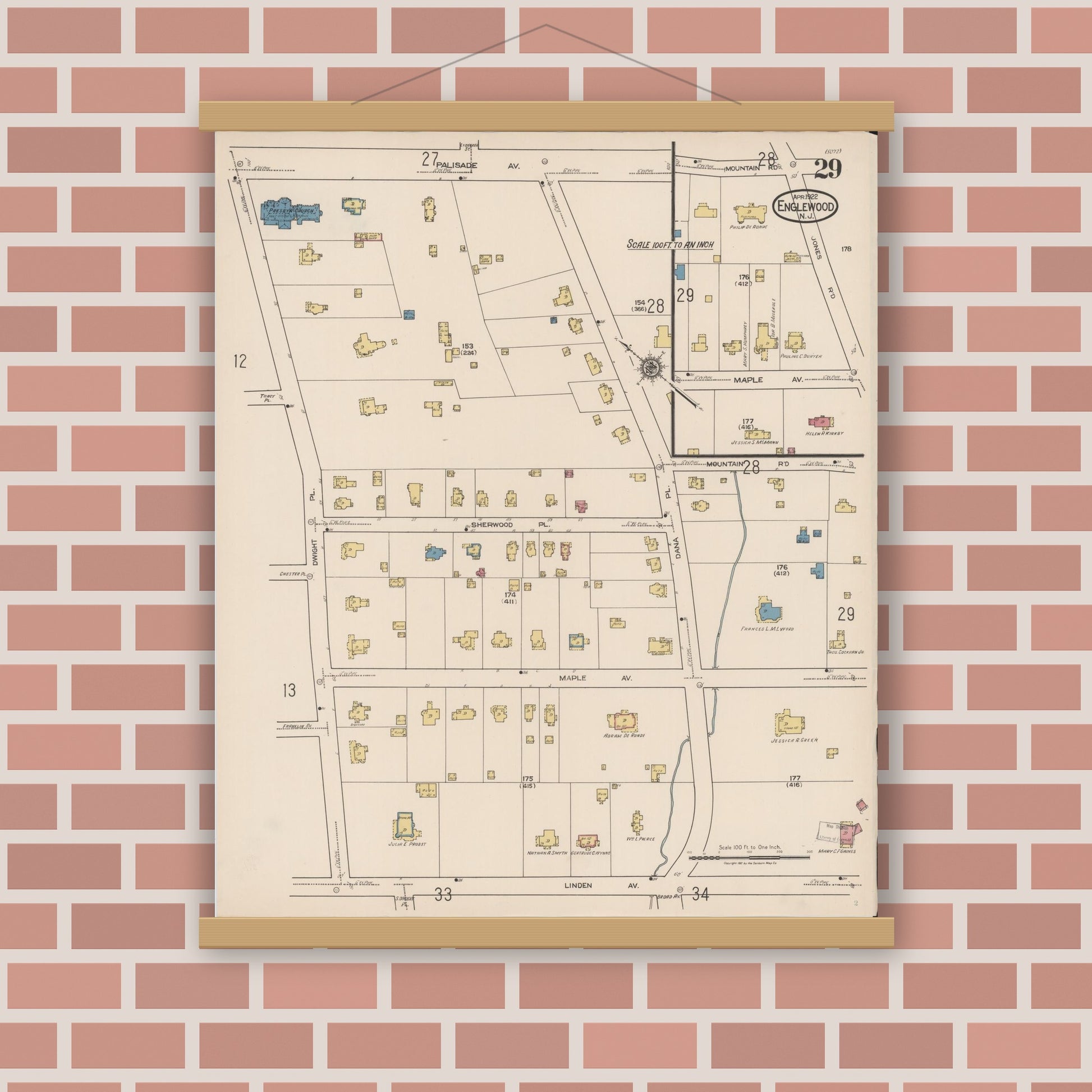 Old map wall art mockup — magnetic wood frame on brick wall — Sanborn Fire Insurance Map from Englewood, Bergen County, New Jersey (1922), Sheet #0029