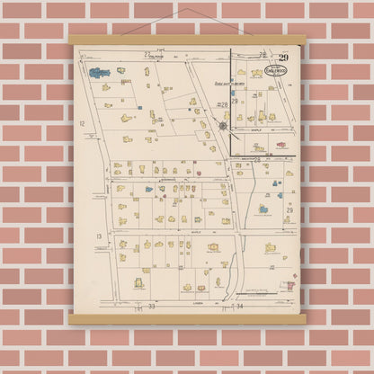 Old map wall art mockup — magnetic wood frame on brick wall — Sanborn Fire Insurance Map from Englewood, Bergen County, New Jersey (1922), Sheet #0029