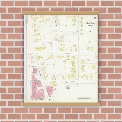 Old map wall art mockup — magnetic wood frame on brick wall — Sanborn Fire Insurance Map from Rocky Mount, Edgecombe And Nash Counties, North Carolina (1907), Sheet #0005