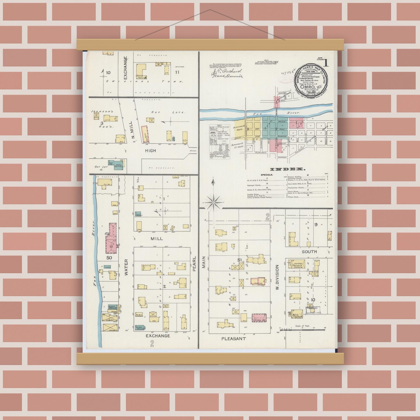 Old map wall art mockup — magnetic wood frame on brick wall — Sanborn Fire Insurance Map from Omro, Winnebago County, Wisconsin (1892), Sheet #0001