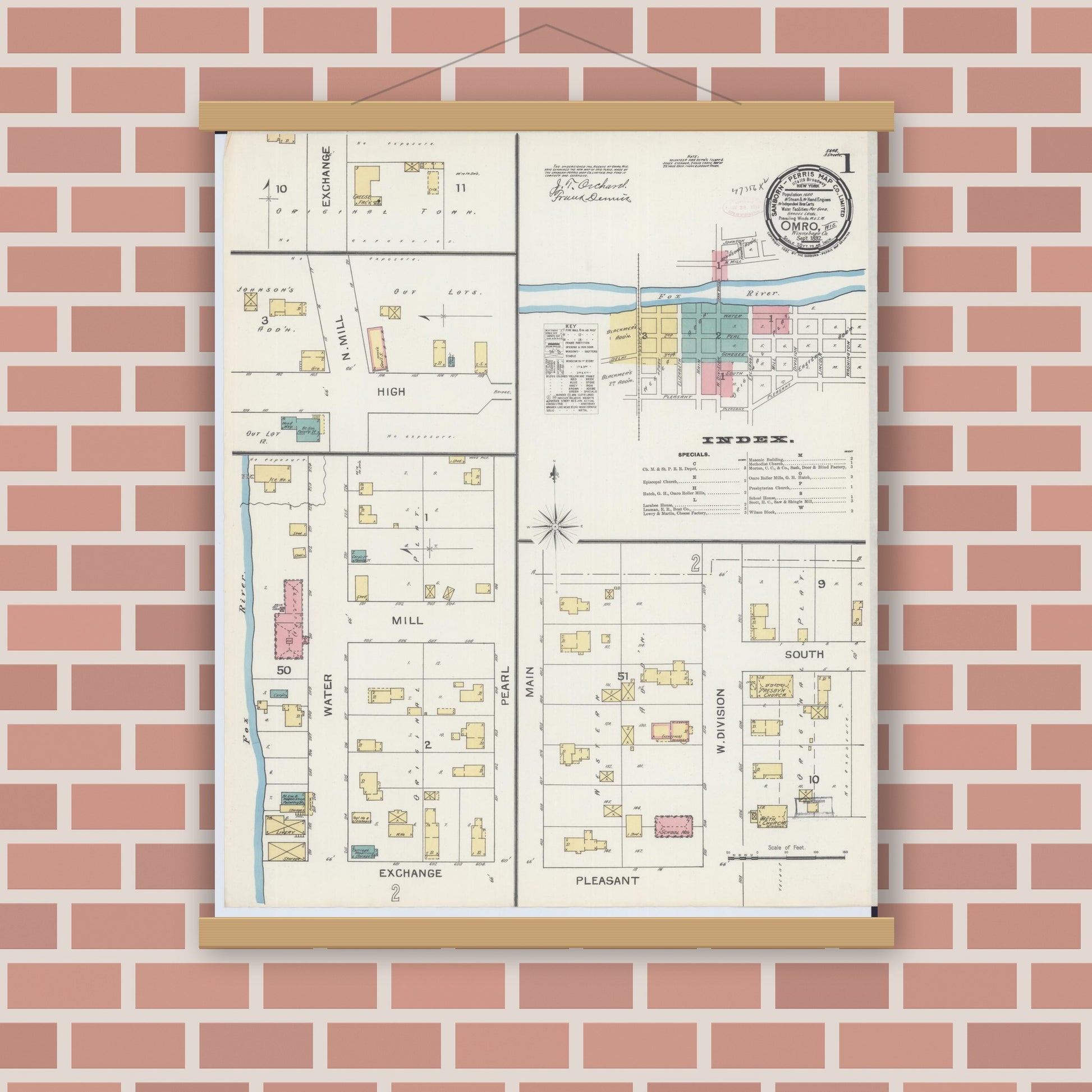 Old map wall art mockup — magnetic wood frame on brick wall — Sanborn Fire Insurance Map from Omro, Winnebago County, Wisconsin (1892), Sheet #0001