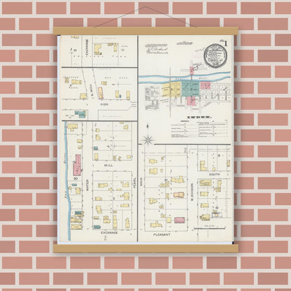 Old map wall art mockup — magnetic wood frame on brick wall — Sanborn Fire Insurance Map from Omro, Winnebago County, Wisconsin (1892), Sheet #0001