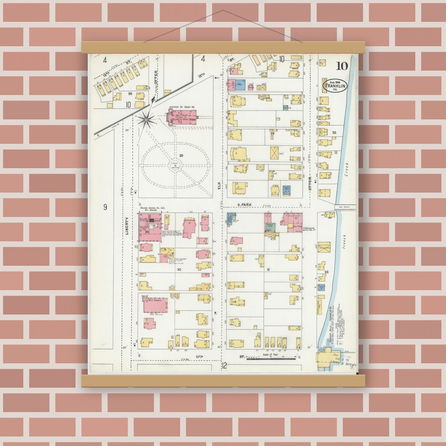 Old map wall art mockup — magnetic wood frame on brick wall — Sanborn Fire Insurance Map from Franklin, Venango County, Pennsylvania (1906), Sheet #0010