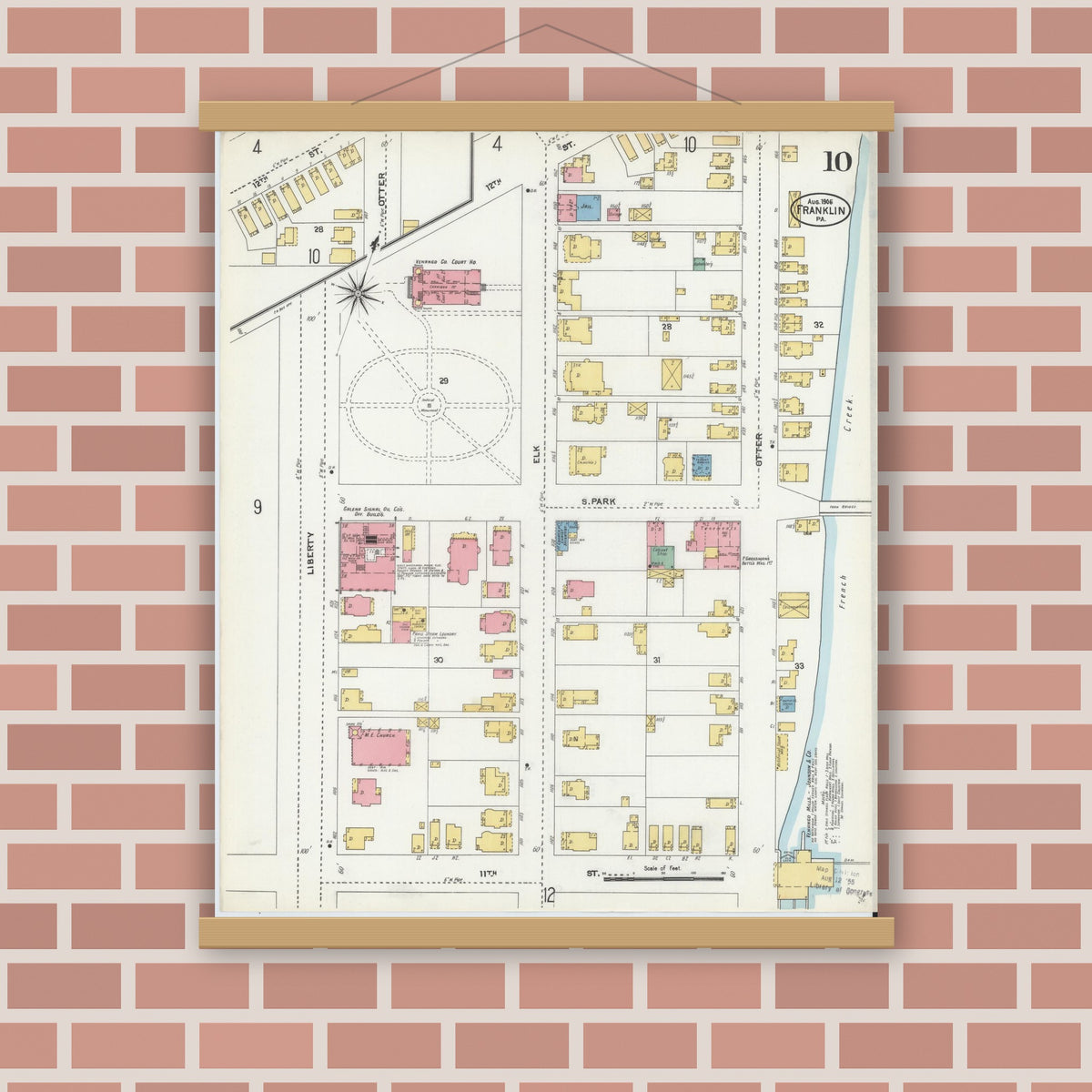 Old map wall art mockup — magnetic wood frame on brick wall — Sanborn Fire Insurance Map from Franklin, Venango County, Pennsylvania (1906), Sheet #0010