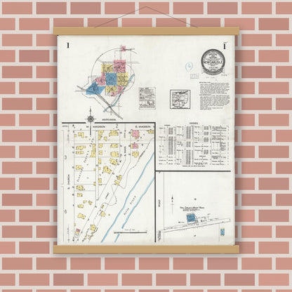 Old map wall art mockup — magnetic wood frame on brick wall — Sanborn Fire Insurance Map from New Carlisle, Clarke County, Ohio (1926) - Complete Map Set