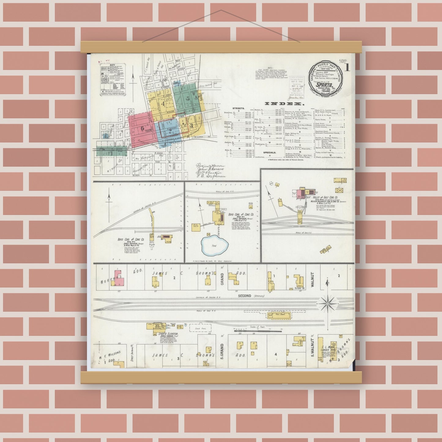 Old map wall art mockup — magnetic wood frame on brick wall — Sanborn Fire Insurance Map from Sparta, Randolph County, Illinois (1900) - Complete Map Set