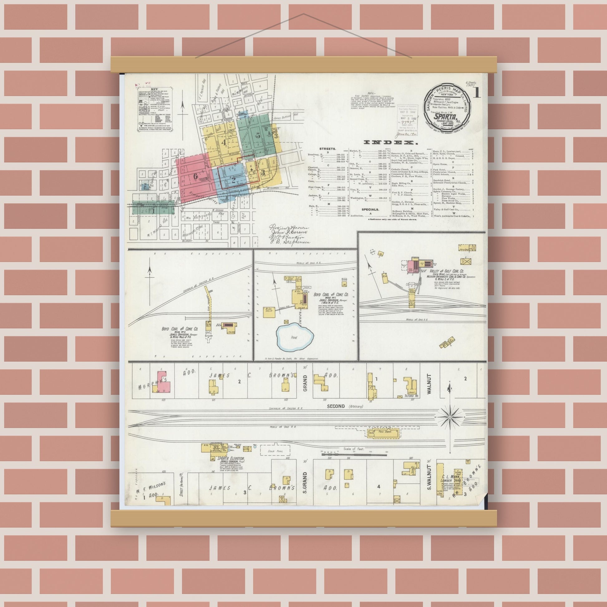 Old map wall art mockup — magnetic wood frame on brick wall — Sanborn Fire Insurance Map from Sparta, Randolph County, Illinois (1900) - Complete Map Set