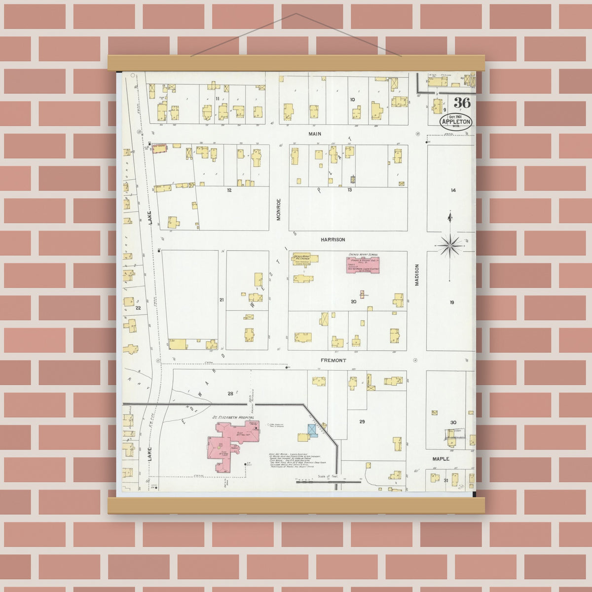 Old map wall art mockup — magnetic wood frame on brick wall — Sanborn Fire Insurance Map from Appleton, Outagamie County, Wisconsin (1901), Sheet #0036