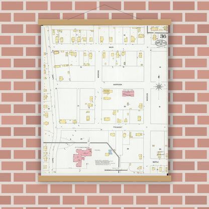 Old map wall art mockup — magnetic wood frame on brick wall — Sanborn Fire Insurance Map from Appleton, Outagamie County, Wisconsin (1901), Sheet #0036