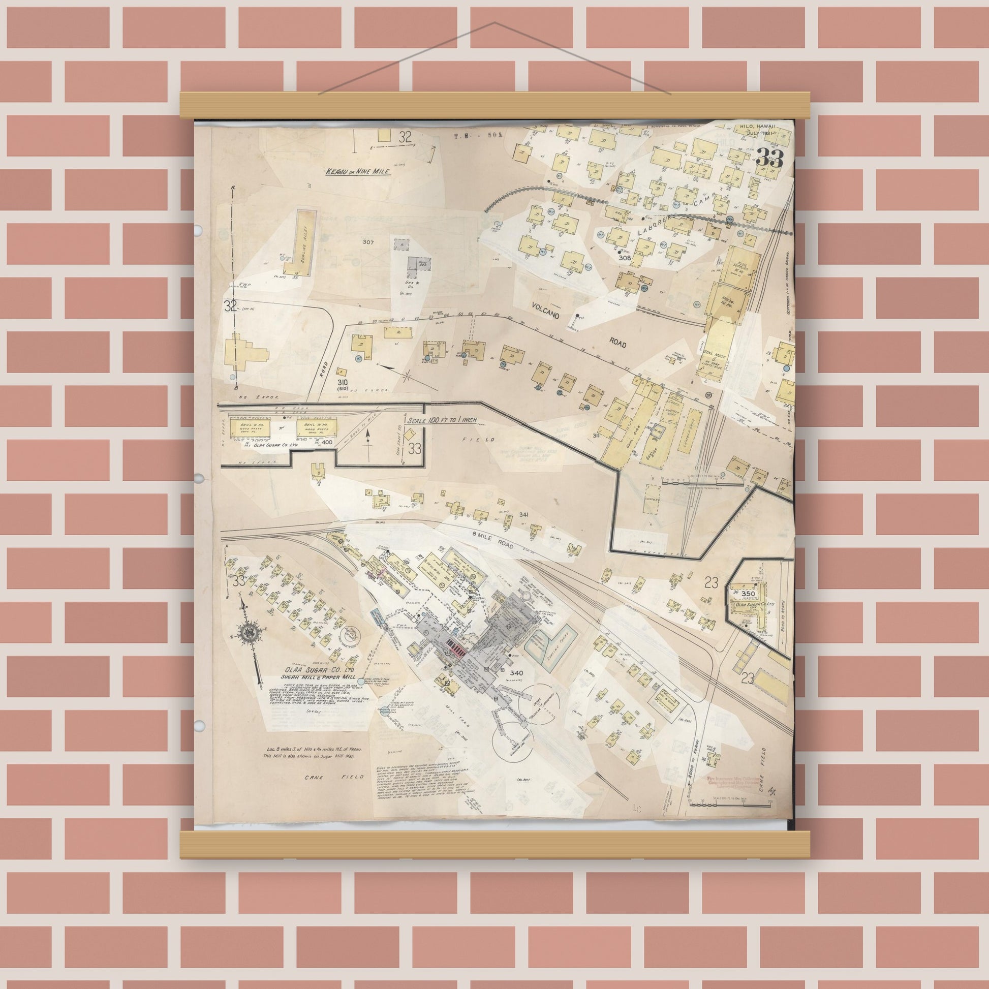 Old map wall art mockup — magnetic wood frame on brick wall — Sanborn Fire Insurance Map from Hilo, Hawaii County, Hawaii (1957), Sheet #0033