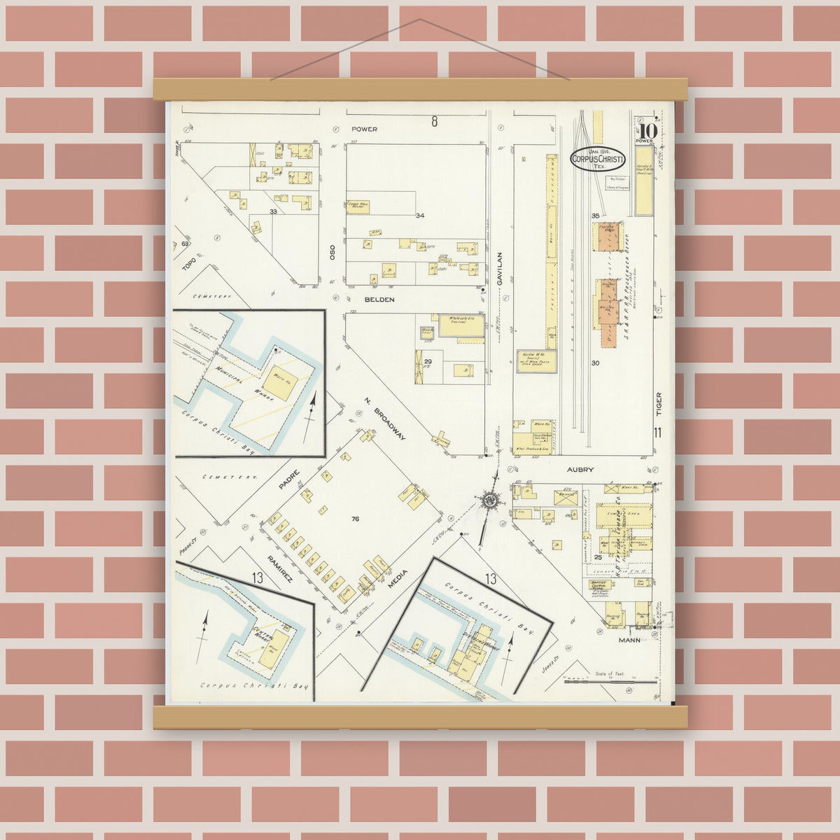Old map wall art mockup — magnetic wood frame on brick wall — Sanborn Fire Insurance Map from Corpus Christi, Nueces County, Texas (1914), Sheet #0010