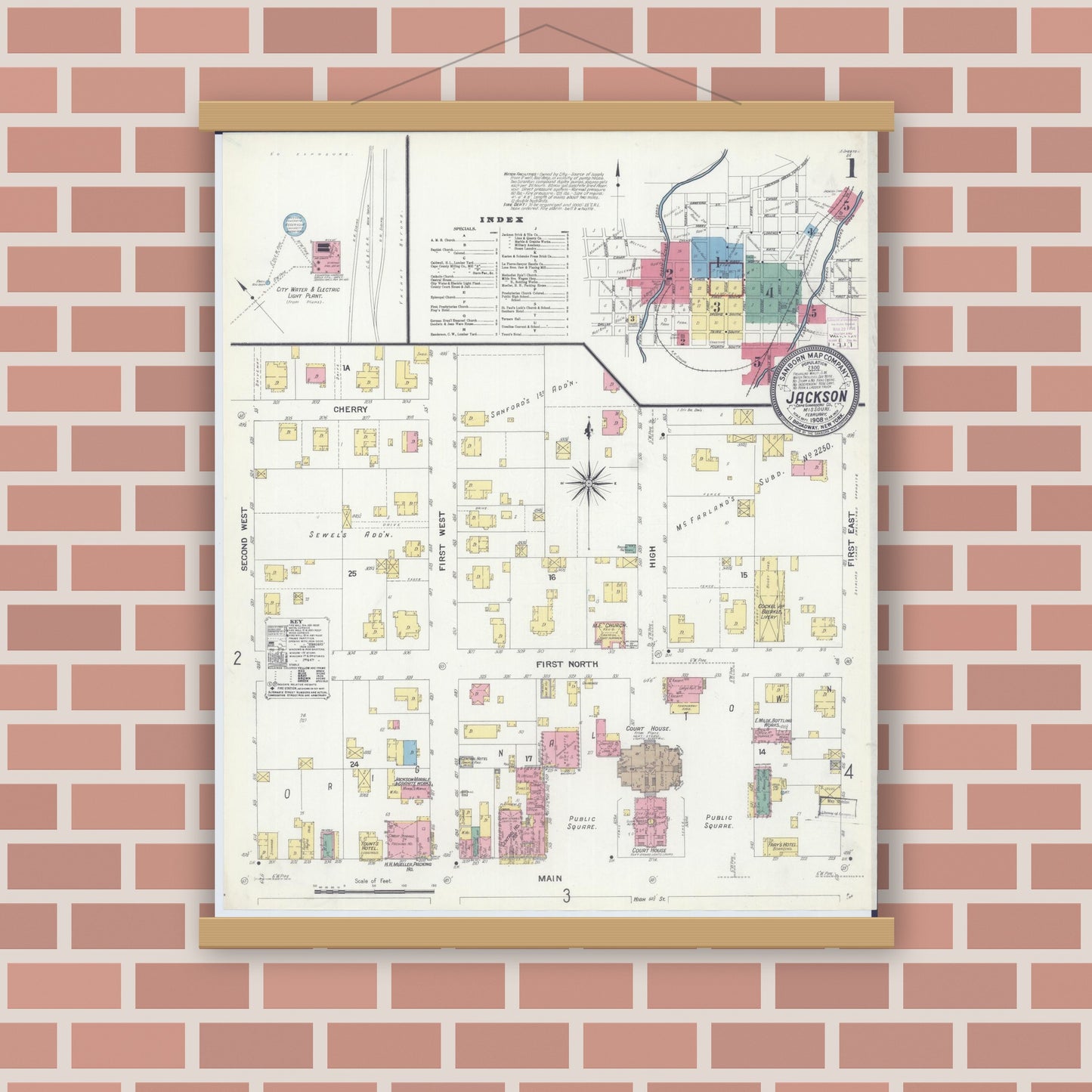 Old map wall art mockup — magnetic wood frame on brick wall — Sanborn Fire Insurance Map from Jackson, Cape Girardeau County, Missouri (1908), Sheet #0001