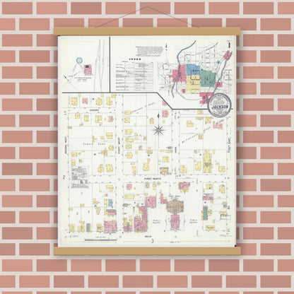 Old map wall art mockup — magnetic wood frame on brick wall — Sanborn Fire Insurance Map from Jackson, Cape Girardeau County, Missouri (1908), Sheet #0001