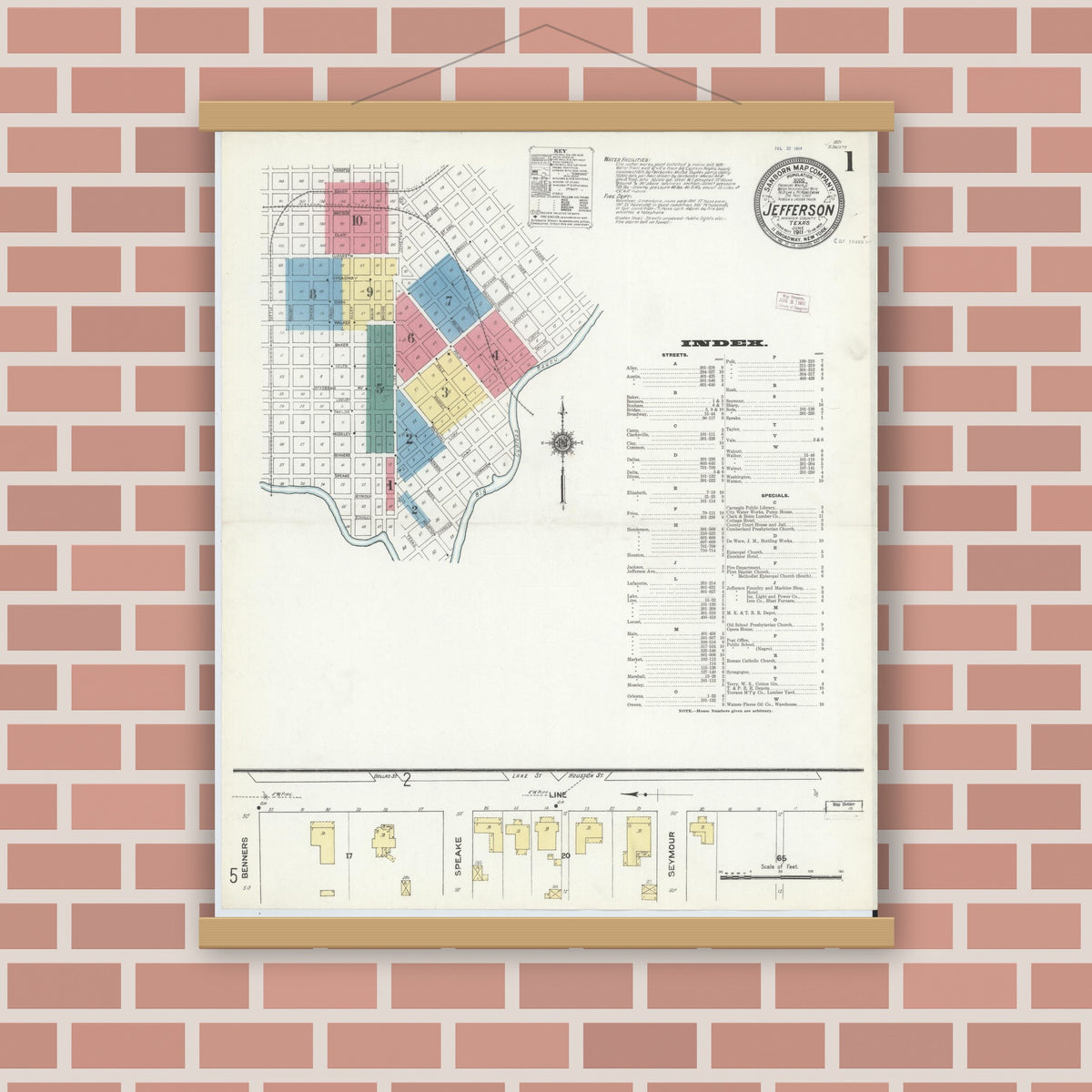 Old map wall art mockup — magnetic wood frame on brick wall — Sanborn Fire Insurance Map from Jefferson, Marion County, Texas (1911) - Complete Map Set