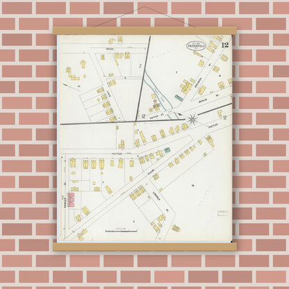 Old map wall art mockup — magnetic wood frame on brick wall — Sanborn Fire Insurance Map from Haddonfield, Camden County, New Jersey (1902), Sheet #0012