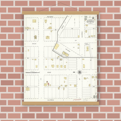 Old map wall art mockup — magnetic wood frame on brick wall — Sanborn Fire Insurance Map from Beaumont, Riverside County, California (1907), Sheet #0002