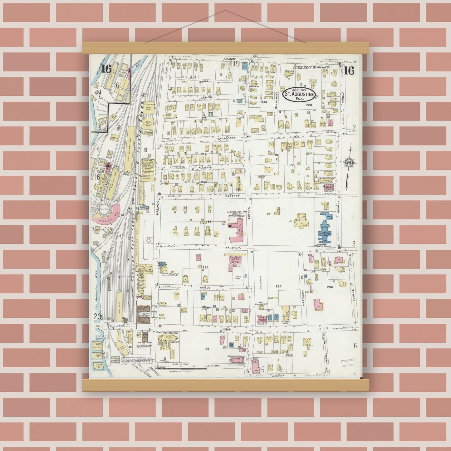 Old map wall art mockup — magnetic wood frame on brick wall — Sanborn Fire Insurance Map from Saint Augustine, Saint John's County, Florida (1924), Sheet #0016