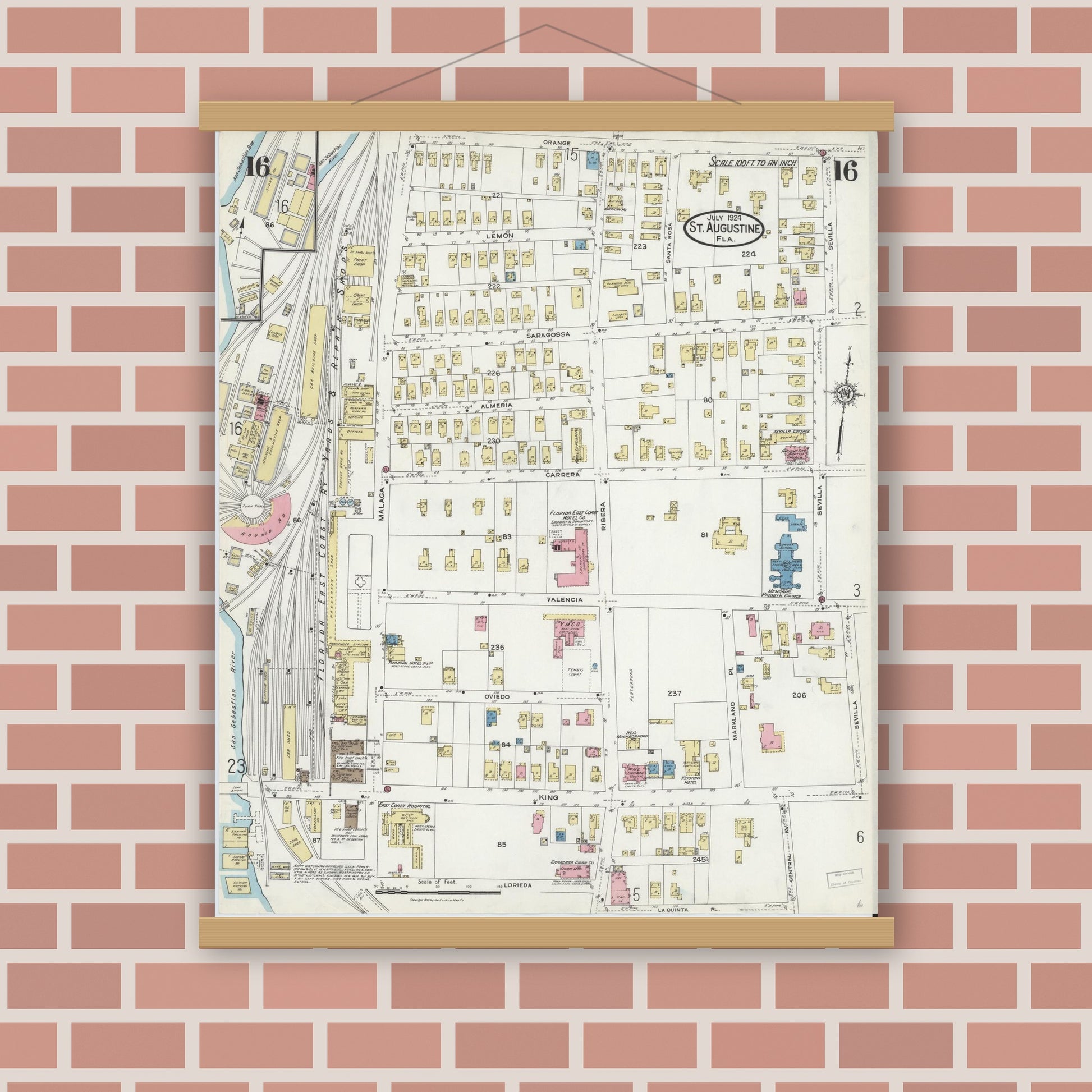 Old map wall art mockup — magnetic wood frame on brick wall — Sanborn Fire Insurance Map from Saint Augustine, Saint John's County, Florida (1924), Sheet #0016