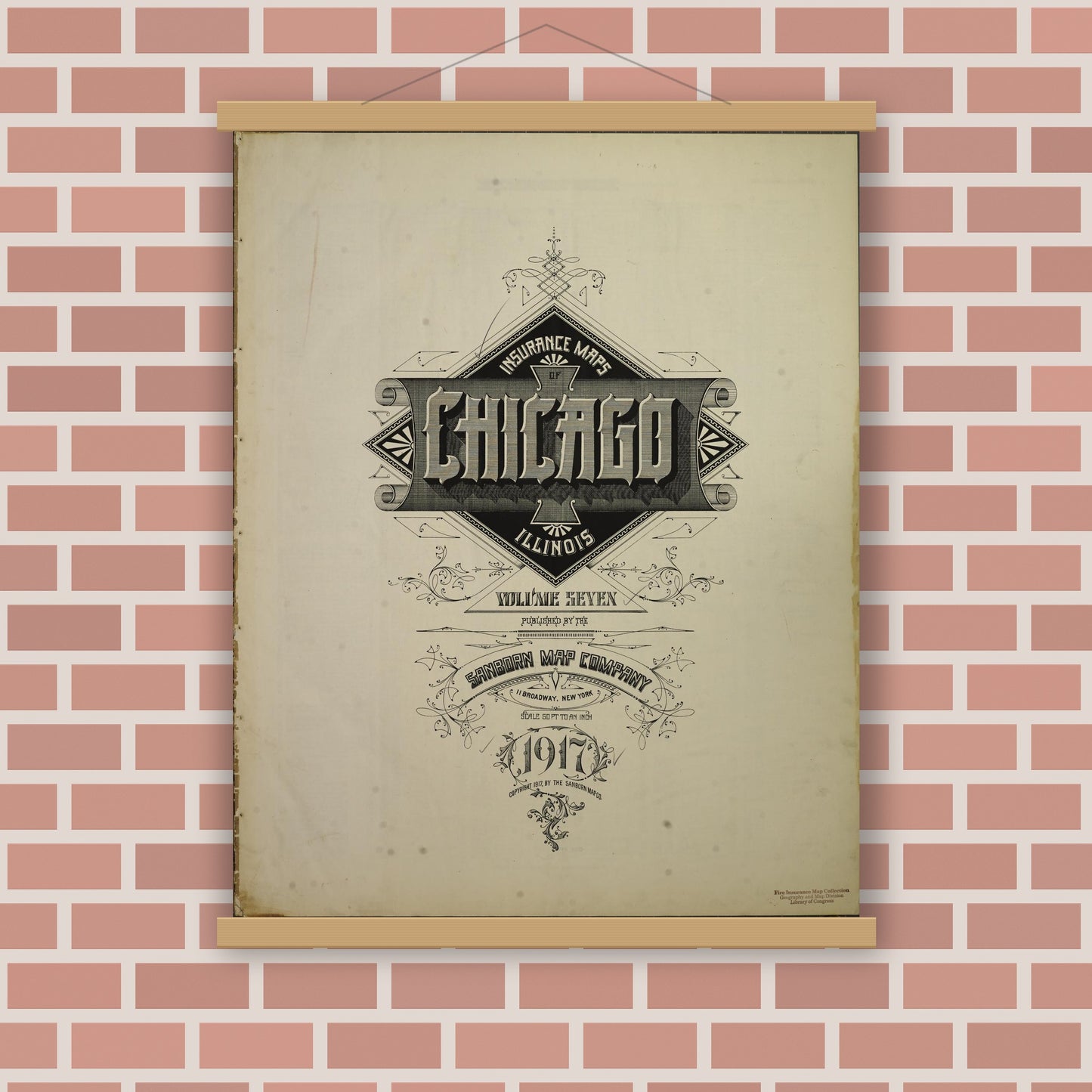 Old map wall art mockup — magnetic wood frame on brick wall — Sanborn Fire Insurance Map from Chicago, Cook County, Illinois (1917), Sheet #0001