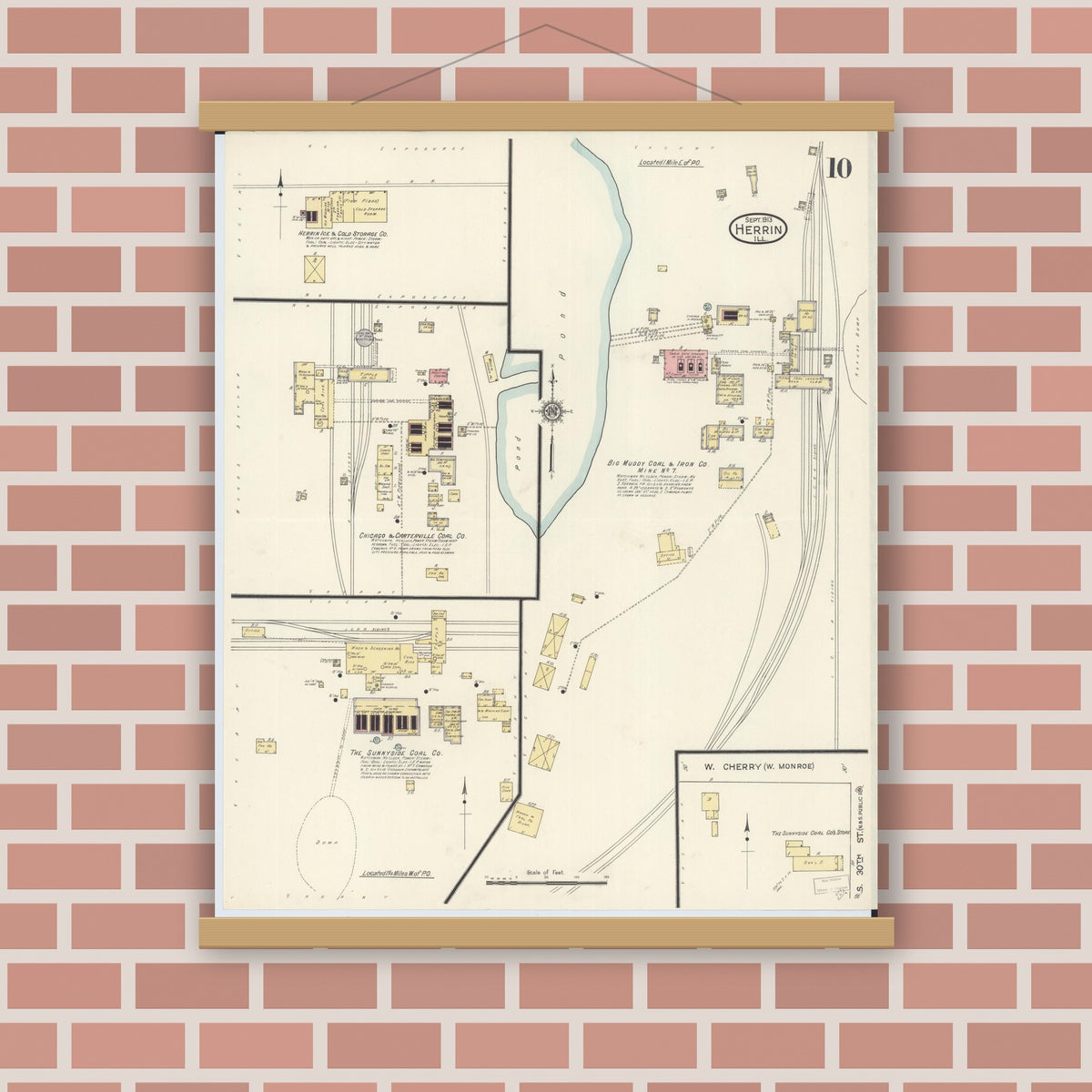 Old map wall art mockup — magnetic wood frame on brick wall — Sanborn Fire Insurance Map from Herrin, Williamson County, Illinois (1913), Sheet #0010