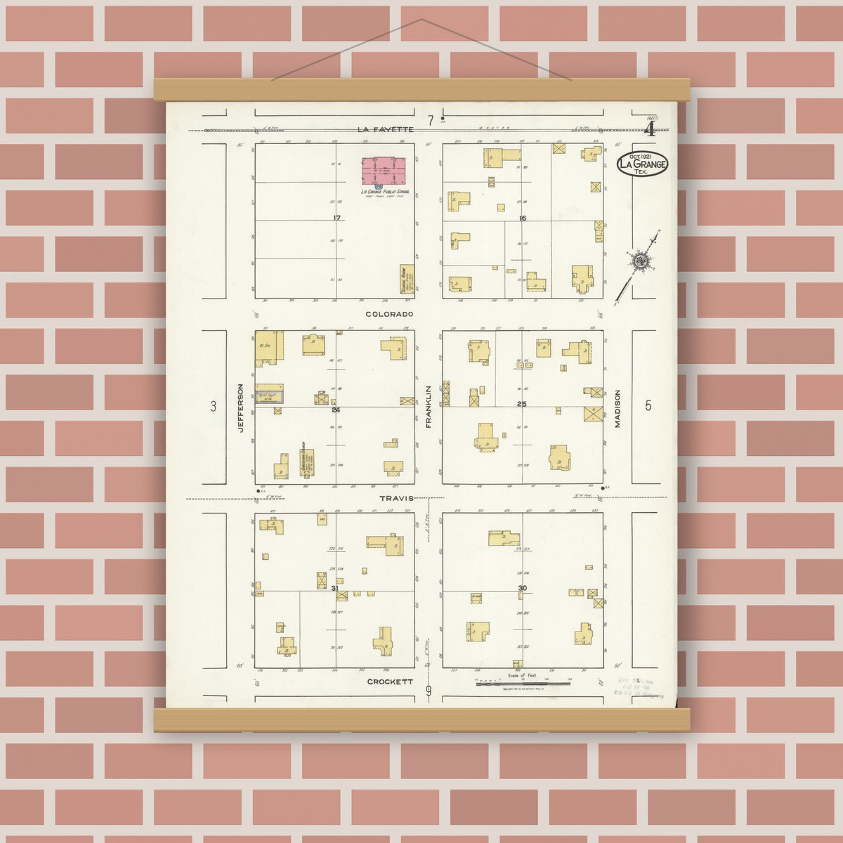 Old map wall art mockup — magnetic wood frame on brick wall — Sanborn Fire Insurance Map from La Grange, Fayette County, Texas (1921), Sheet #0004
