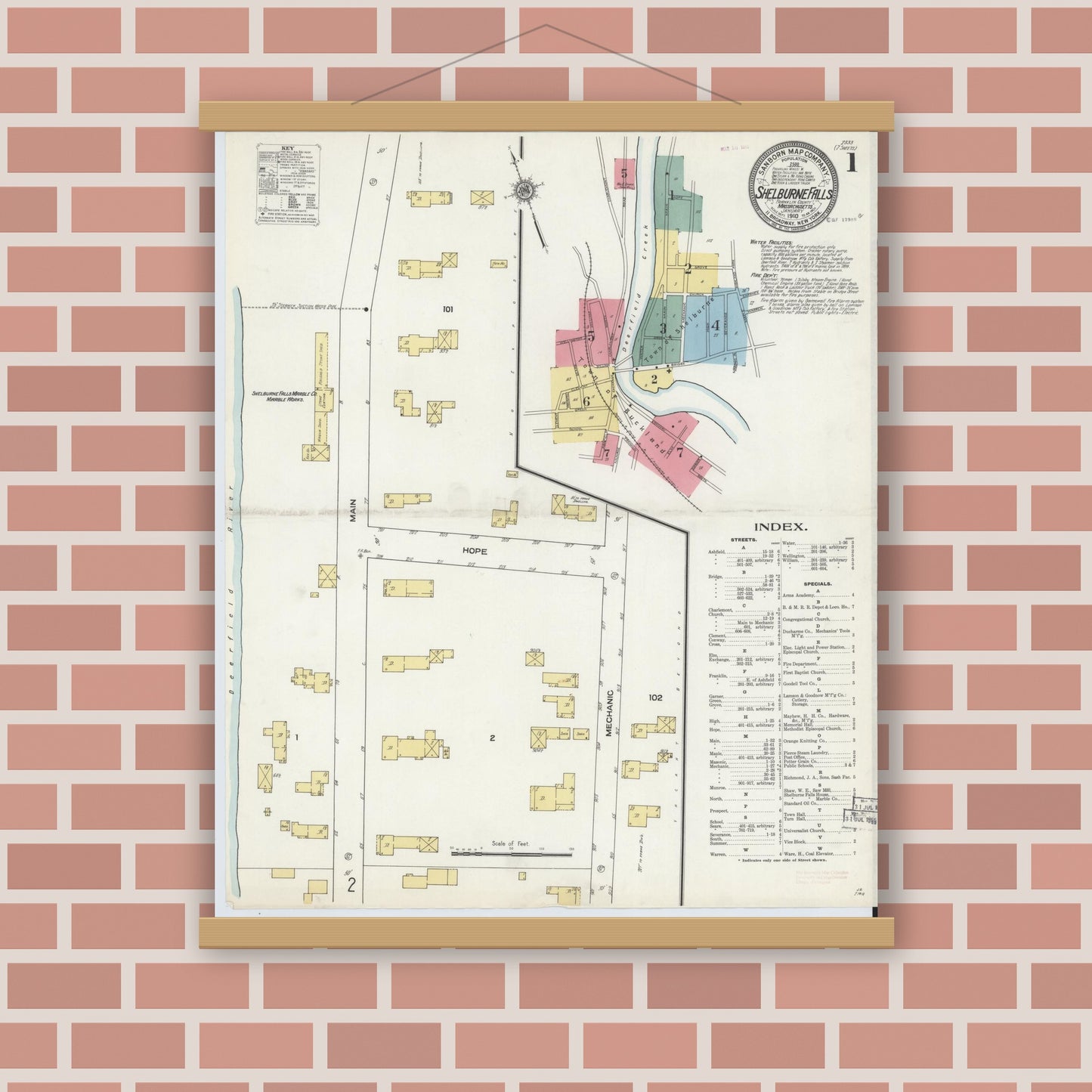 Old map wall art mockup — magnetic wood frame on brick wall — Sanborn Fire Insurance Map from Shelburne Falls, Franklin County, Massachusetts (1910) - Complete Map Set